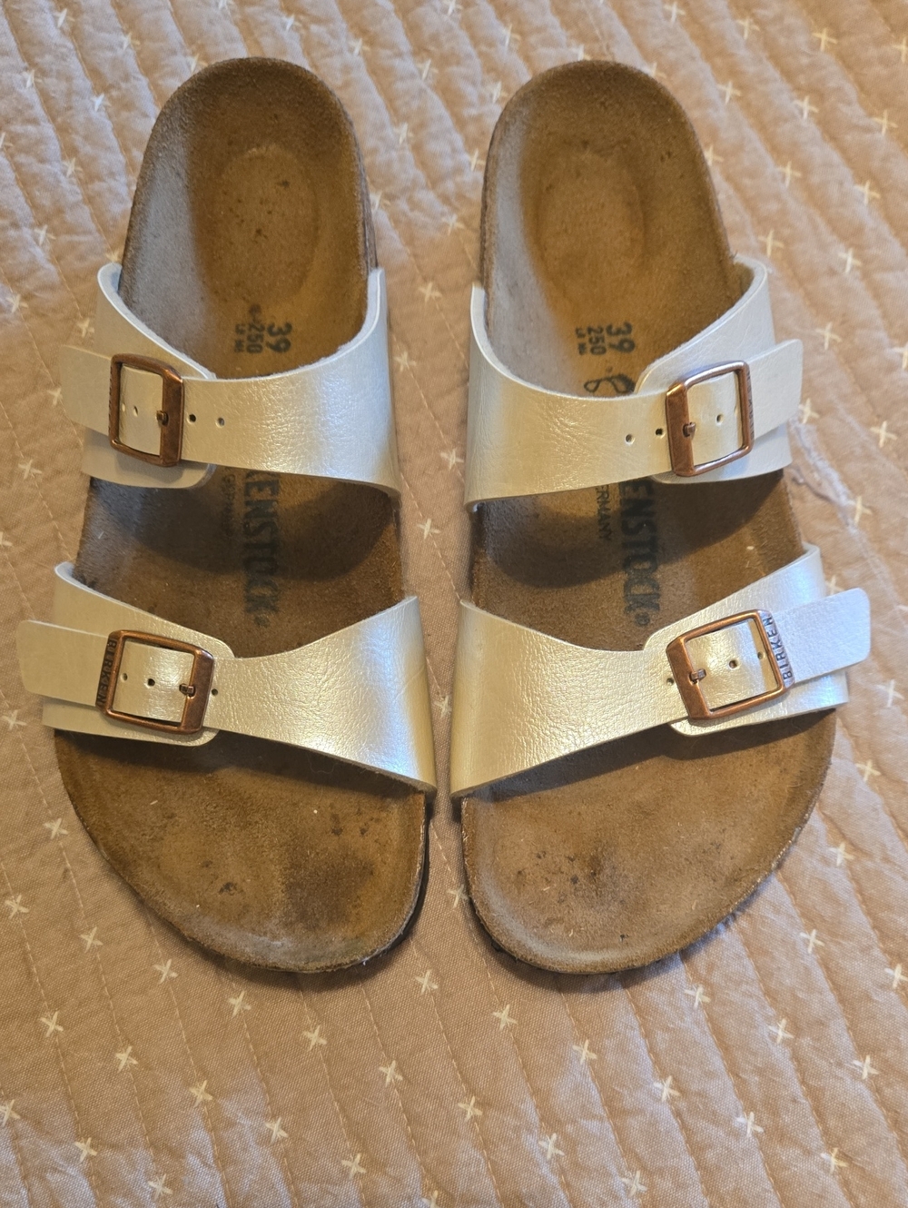Birkenstock Pearl White with Rose Gold Buckle Arizona Slides- Women's Size 39